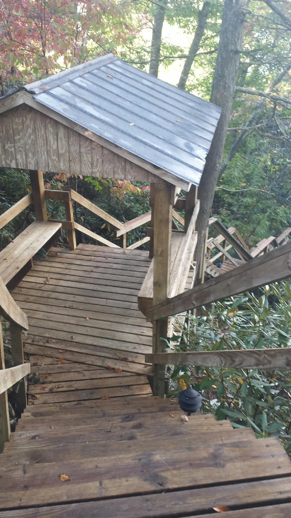 Metal roofed shelter over wooden steps on a wooded walkway — Skylight Repair & Installation work by our crew in Stacyville